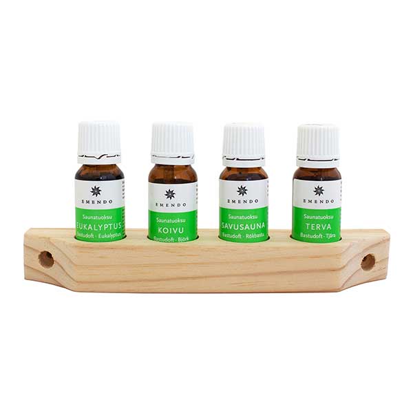 Szauna illatosítók 4×10 ml, fa fali tartó